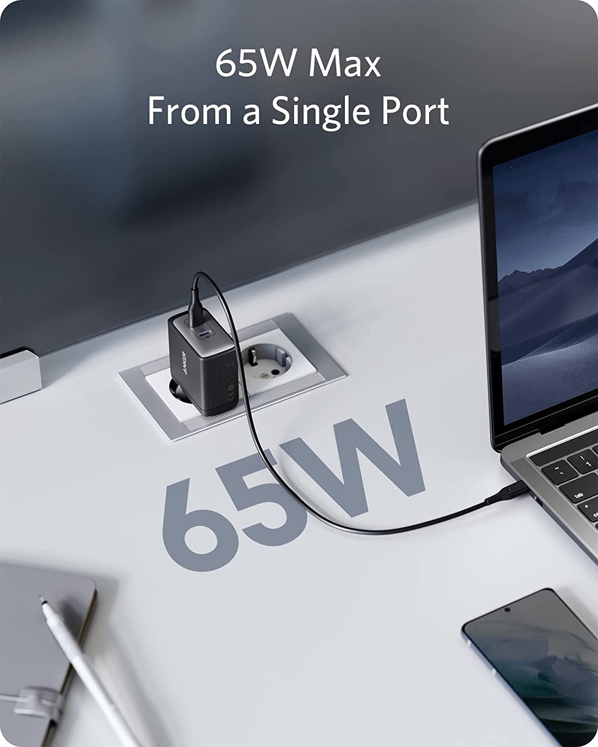 Anker PowerPort III 65 W 2 Ports USB-C Chargeur Compact avec Puissance de Charge Rapide, Compatible avec MacBook Pro/Air, iPad Pro, Galaxy S20/S10, Dell XPS 13, Note 20/10+, iPhone 13/12, Pixel